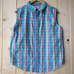 Ely Country Charmers Sleeveless Shirt Top Button Front Blue Plaid Womens Large